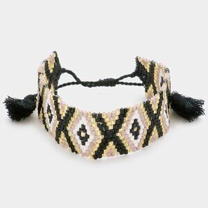 NWT Boho Black Pink Aztec Patterned Beaded Tassel Pull Tie Cinch Bracelet
